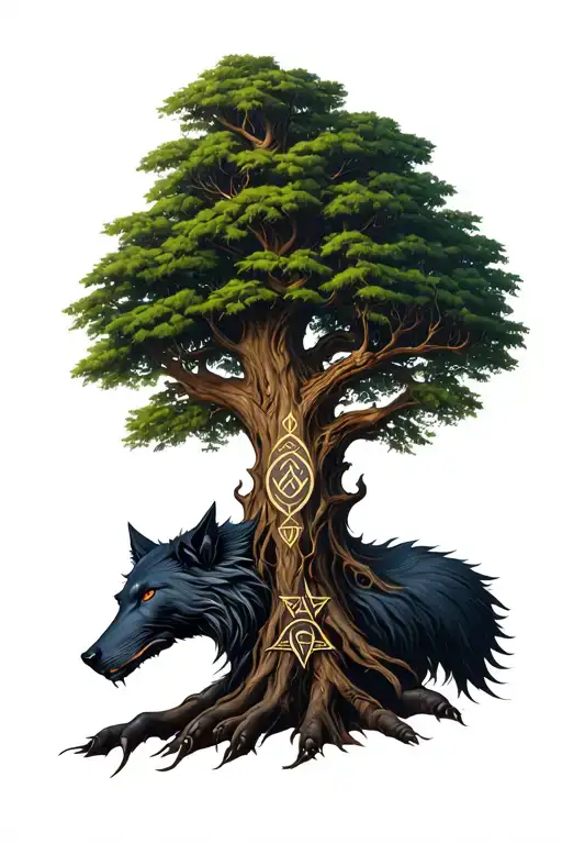Yggdrasil Tree With Fenrir And Nordic Runes