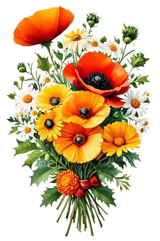 Poppy Marigold Holly Daisy Bouquet Tied
