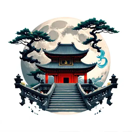 An Oriental Temple With Trees Of Life A Moon Behind And A Smoke With Curves In Eastern Railing
