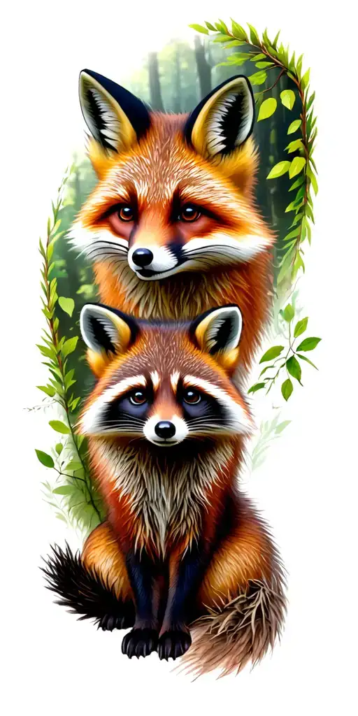 Fox And Racoon In Fantasy Woods Surrounded