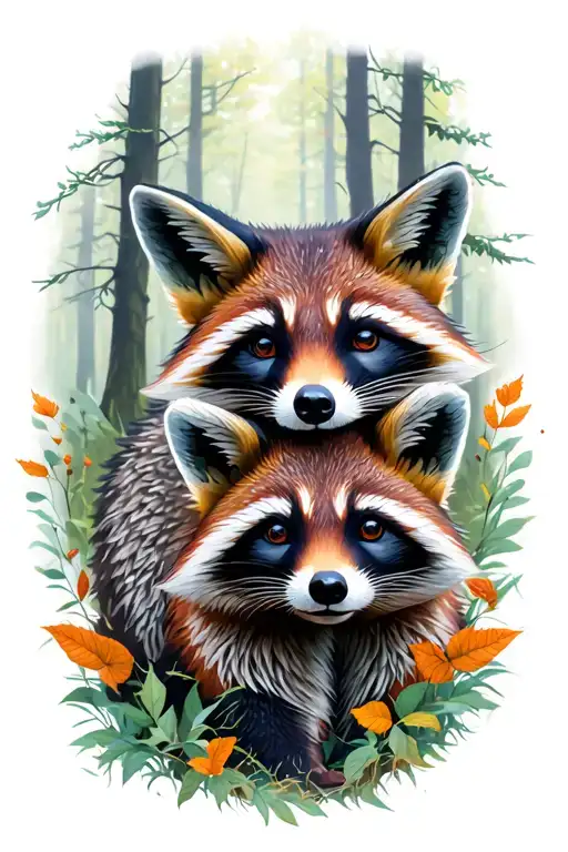 Fox And Racoon In Fantasy Woods Surrounded