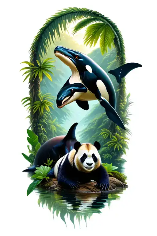 Komodo Dragon Surrounded By An Orca And A Panda In A Rainforest
