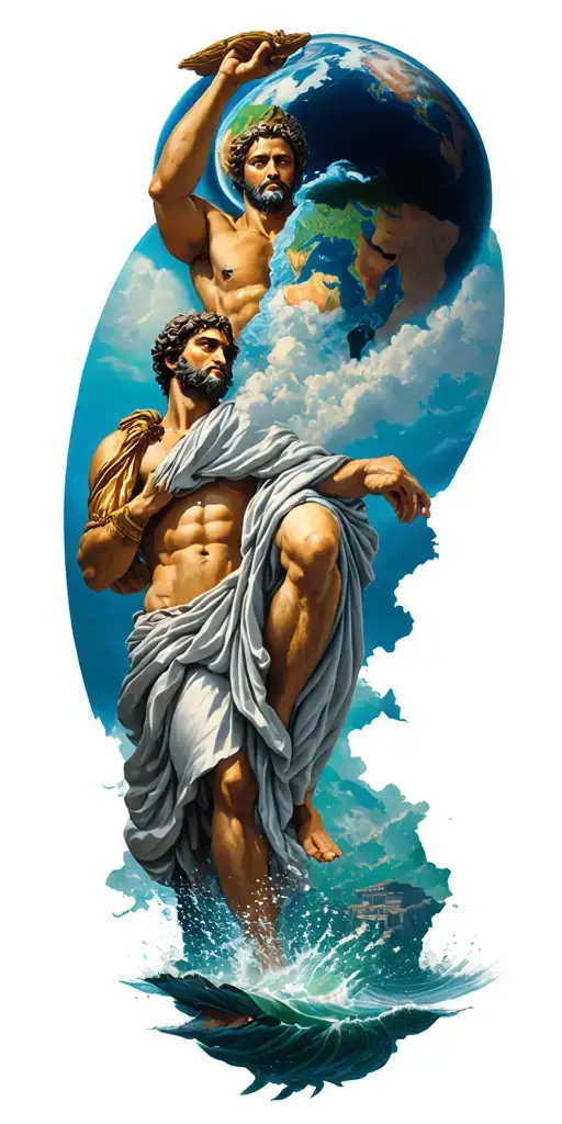 Olympus Holding The World Above Him And Poseidon Underneath Him Flooding Ancient Greek City