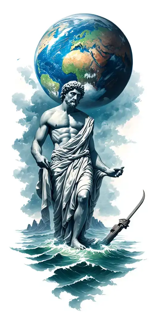 Olympus Holding The World Above Him And Poseidon Underneath Him Flooding Ancient Greek City
