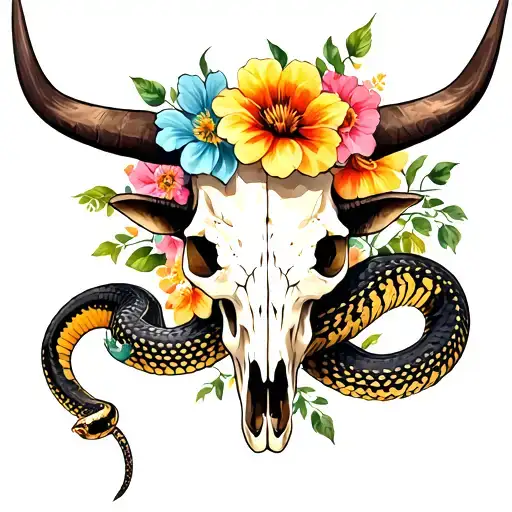Longhorn Skull With Flowers And Rattle Snake