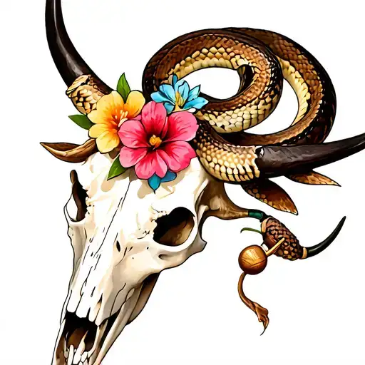 Longhorn Skull With Flowers And Rattle Snake