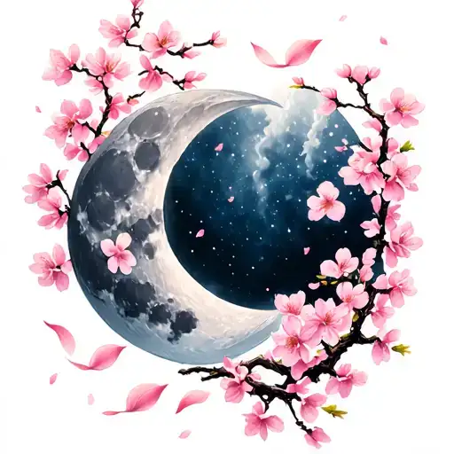 Waning Cresent Moon With Cherry Blossom Petals Falling In Color