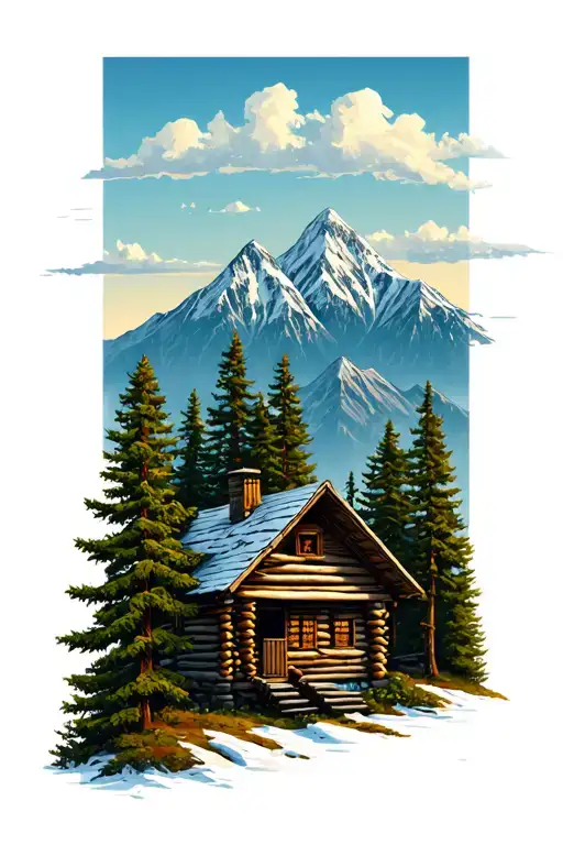 Log Cabin With Trees And Mountain