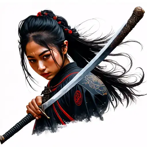 Black Female Samurai Holding Sword