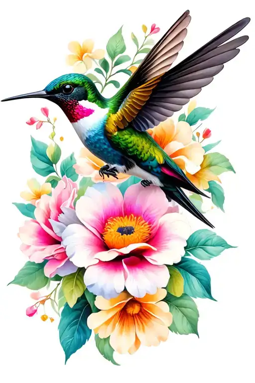 Humming Birds With Flowers White Background