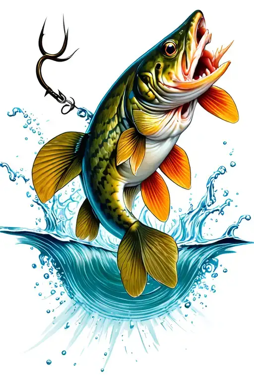 A Northern Pike Fish With A Hook Going Through Its Mouth Jumping Out Of The Water With Color