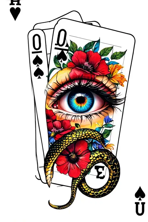 Eye With Floral And Ace Cards With Snake On Wrist