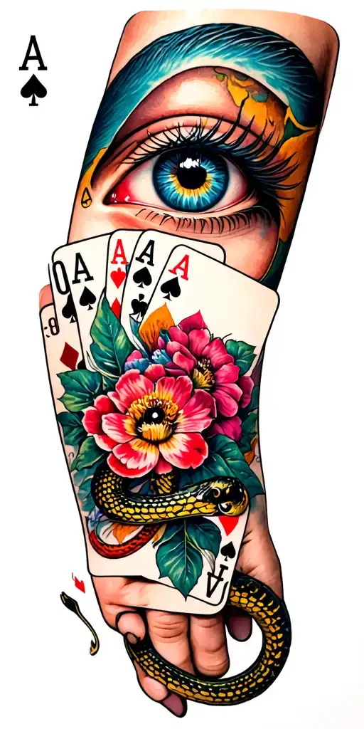 Eye At The Top Of With Floral And Ace Cards With Snake On Wrist
