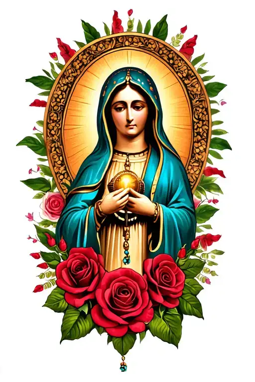 Virgen De Guadalupe Mexican With Roses And Rosary