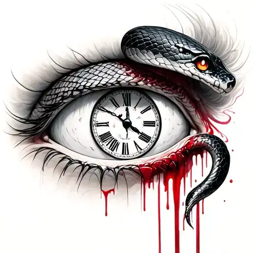 Eye Sourunded With An Snake With Blood Flowing Out And Inside Of The Eye Is An Clock