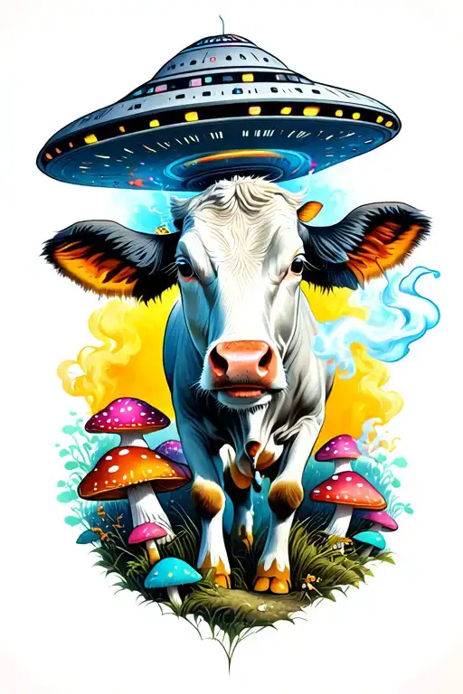Paul Smoking Blunt With A Ufo Abducting A Cow With Colorful Mushrooms Around Paul