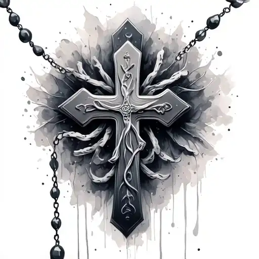 Grey Wash Cross With Rosary Wrapping Around It With Intense Highlights To Create Depth