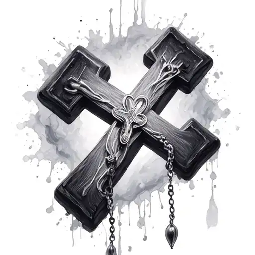 Grey Wash Cross With Rosary Wrapping Around It With Intense Highlights To Create Depth