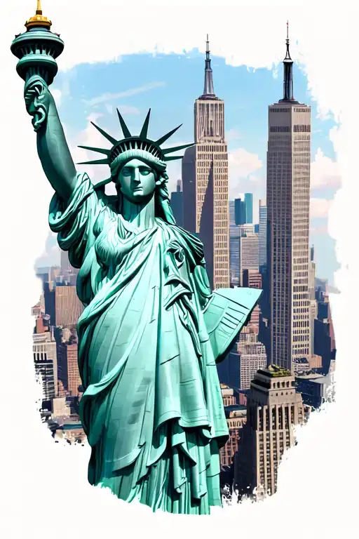 The Statue Of Liberty Behind That The Ny Skyscrapers