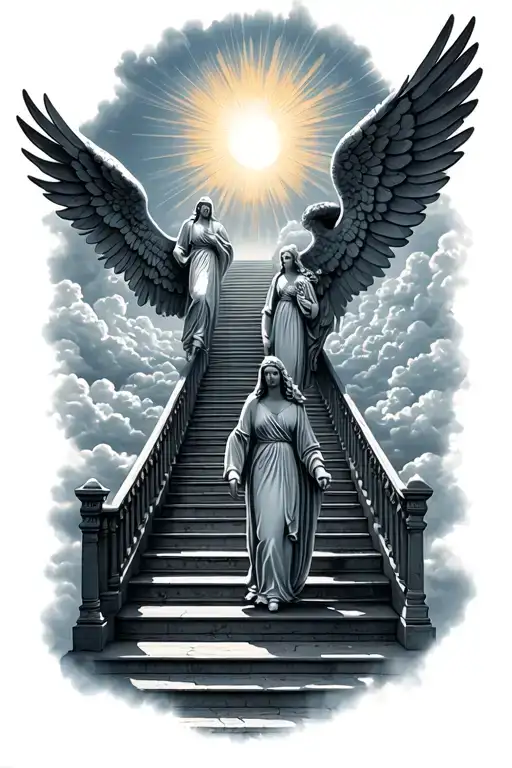 Stairway To Heaven Walking Up Stairs Angels Sun Rays Clouds Heaven Gate At The Top Of The Stairs