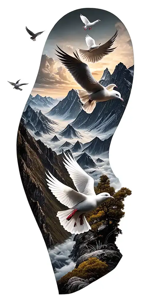 A Detailed Mountain Landscape Featuring 5 Doves Flying