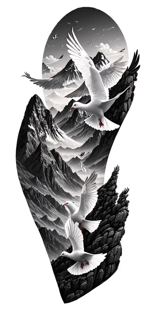 A Detailed Mountain Landscape Featuring 5 Doves Flying Without Color