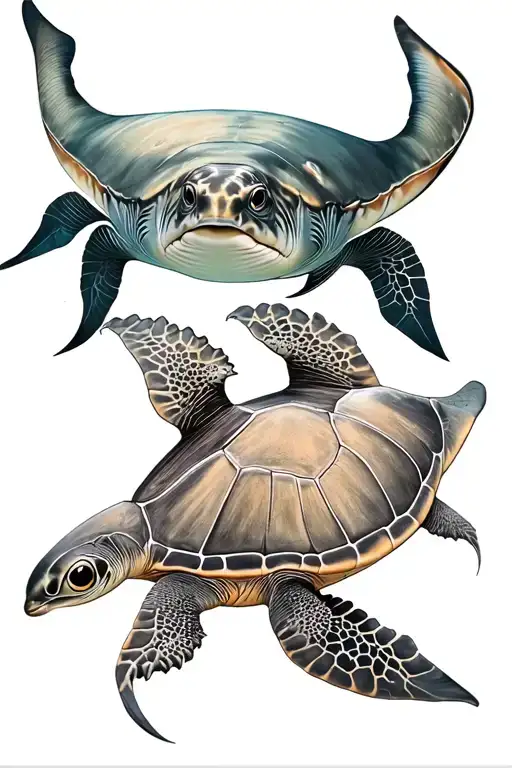 Seaturtle And Manta Ray Companions