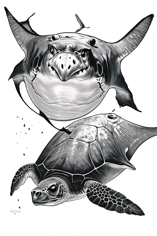 Seaturtle And Manta Ray Swimming With A Diver