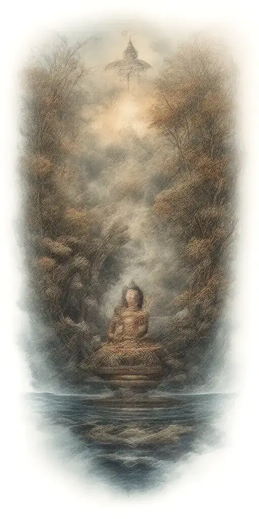 Spiritual Buddhist Tattoo Featuring A Traditional Scenary And Nature Including Spiritual Elements