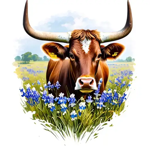 Texas Longhorn And Bluebonnets Field Cow
