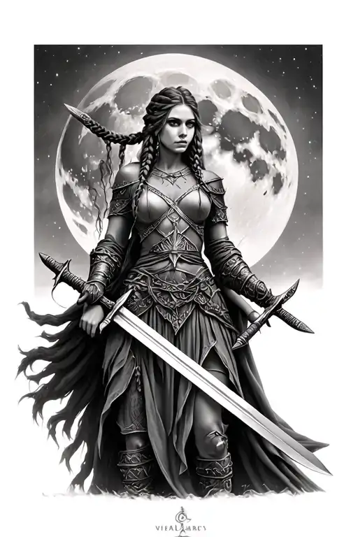 Full Moon And Full Body Nordic War Goddess With Braids And Two Swords