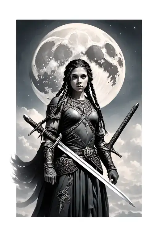 Full Moon And Full Body Nordic War Goddess With Braids And Two Swords