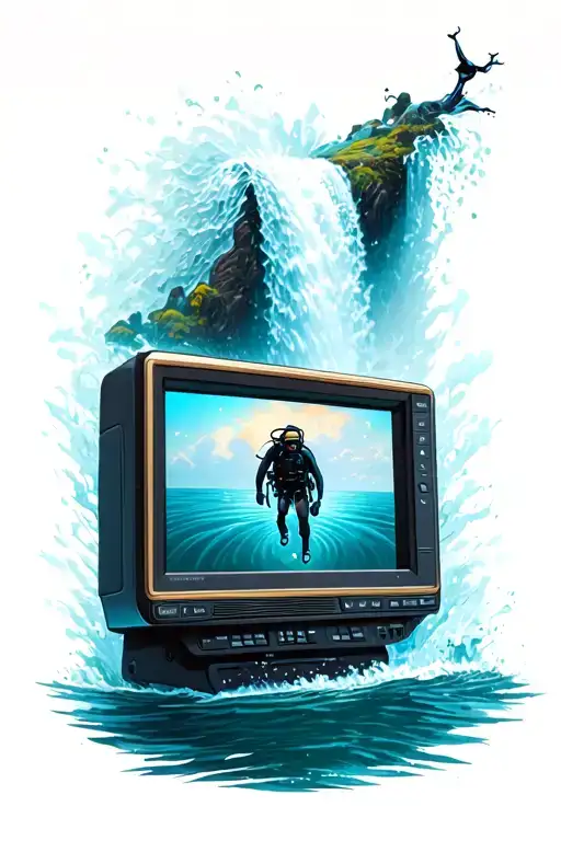 A Waterfall Coming Out Of A Monitor Falling Down Into A Sea And In The Sea Is A Scuba Diver