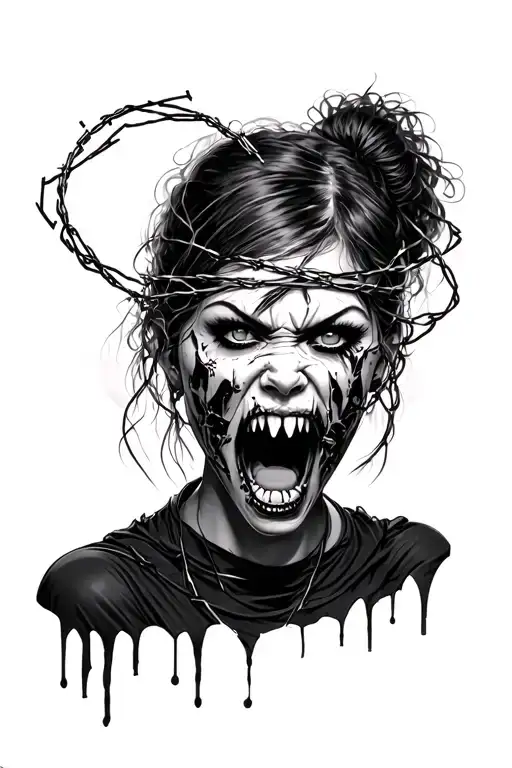 Evil Girl Face Screaming Barb Wire Wrapped
