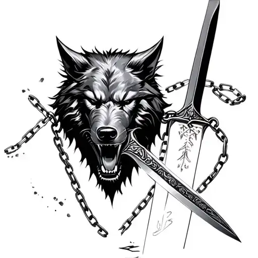 Fenrir Breaking Chains With Sword In Mouth