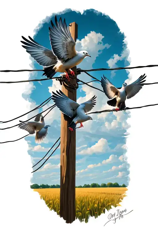 Doves On A Power Line Over A Field