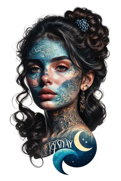 I Want A Realistic Woman's Face With Letters And Moon