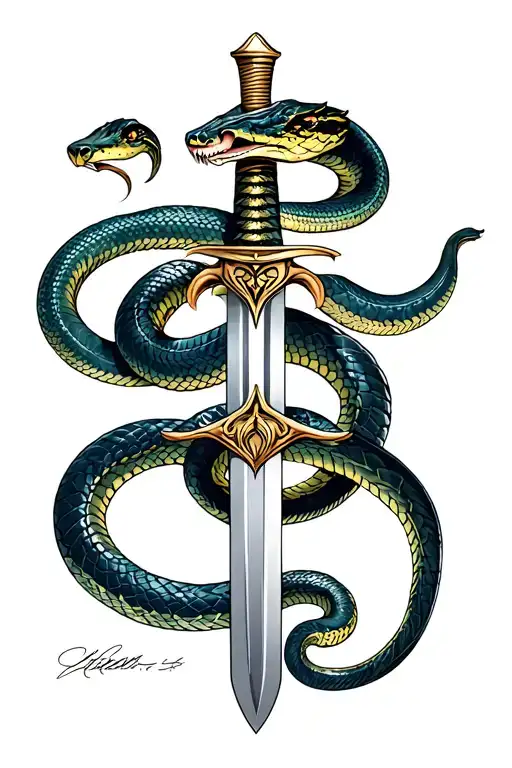 Snake And Sword With Signature