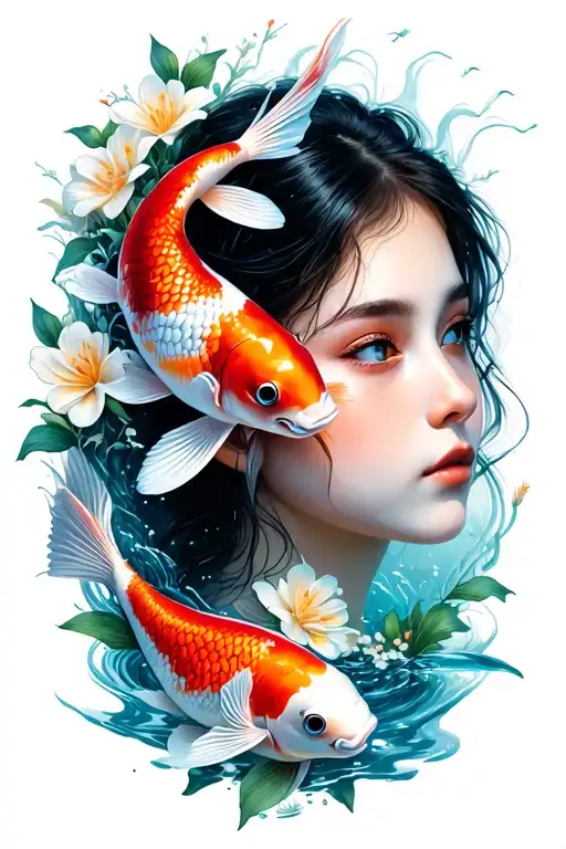 Flowers And Koi Fish Surrounding Girls Face