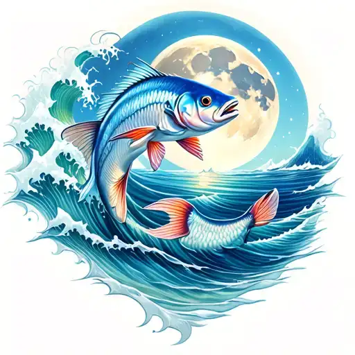 Matching Coi Fish With Moon And Ocean Wave Crashing