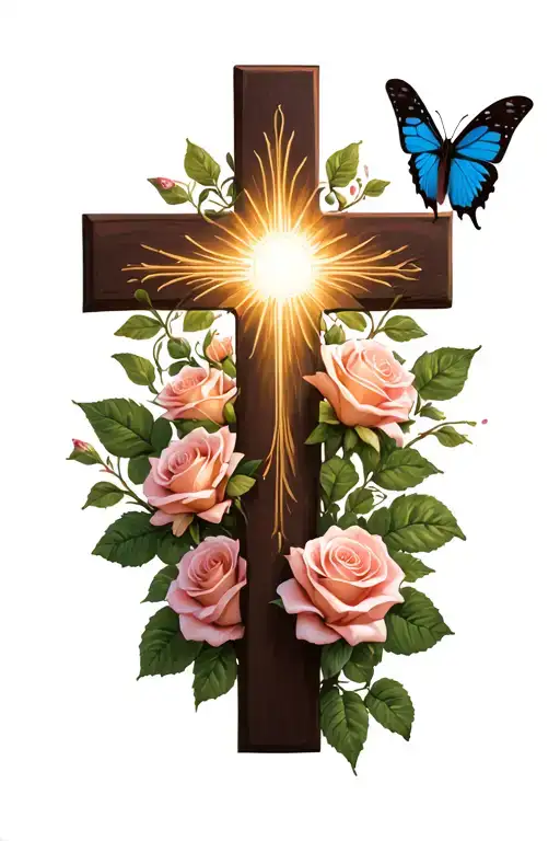 Roses And Butterflies Around A Christian Cross With A Light Of The Lord