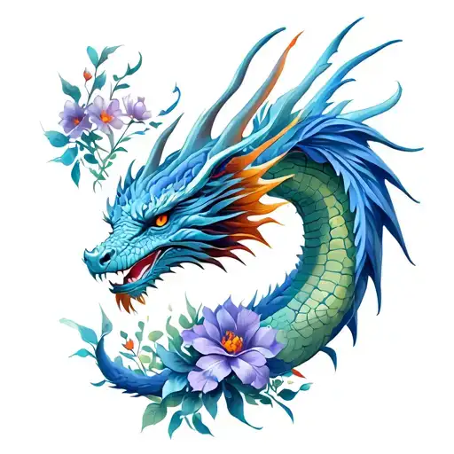 Dragon With A Phoenix And Flowers