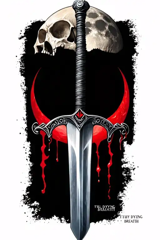 Sword Piercing Soldier Skull At Bottom Of Blade With A Bloodmoon And The Words Till My Dying Breath