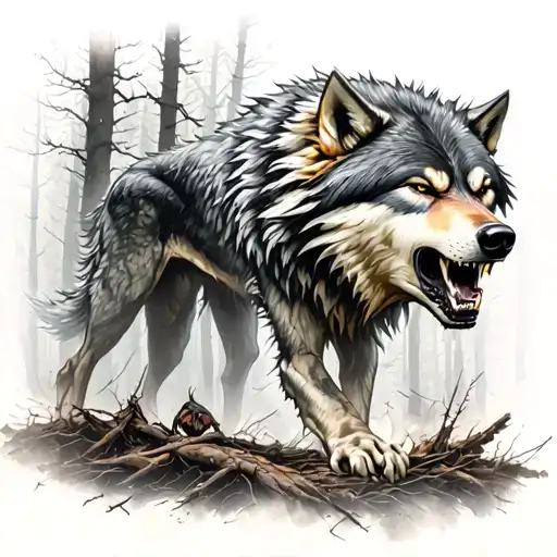 A Fierce Wolf Battling Inner Demons In A Dark Forest