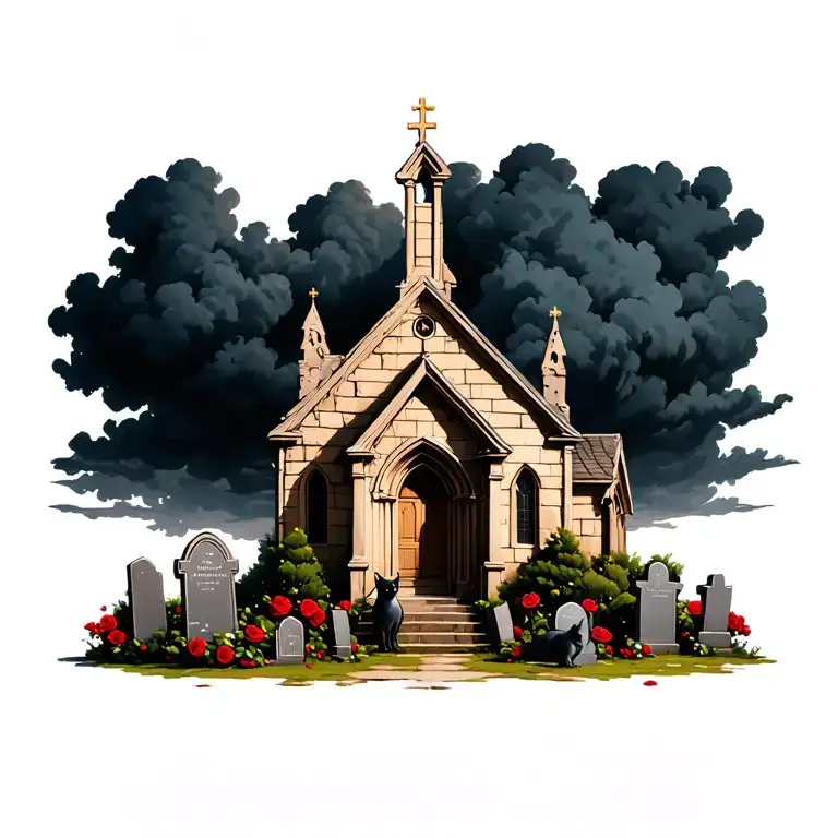 Old Abanond Ruin Church With Dark Clouds And Grave Stones And Black Rose Bushes And Two Cats