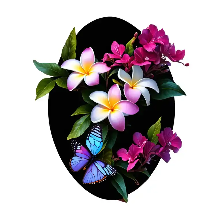 Frangipani Plumeria Flowers And Bougainvillea Flowers With Butterflies