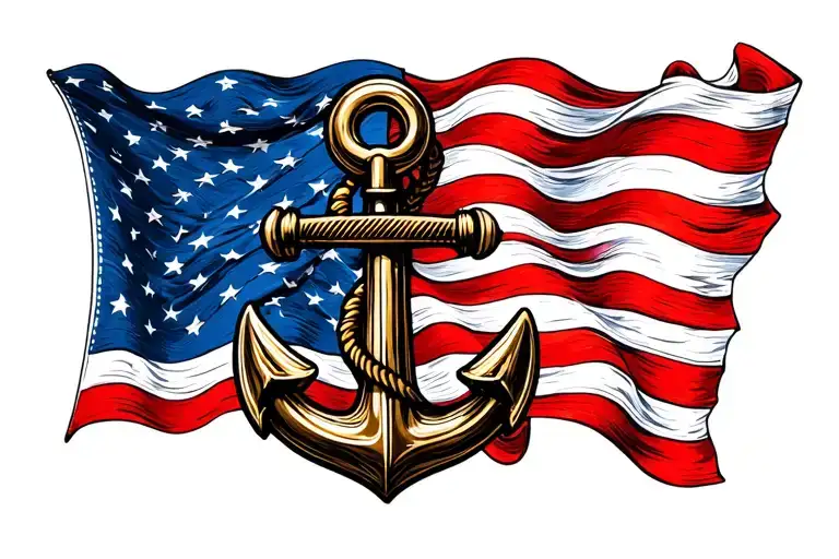 Navy Anchor Combined With American Flag Waving