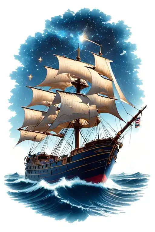 Clipper Ship Sailing Through The Sea Under The Stars