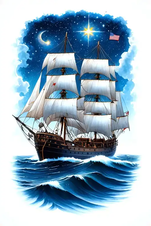 Clipper Ship Sailing Through The Sea Under The Stars