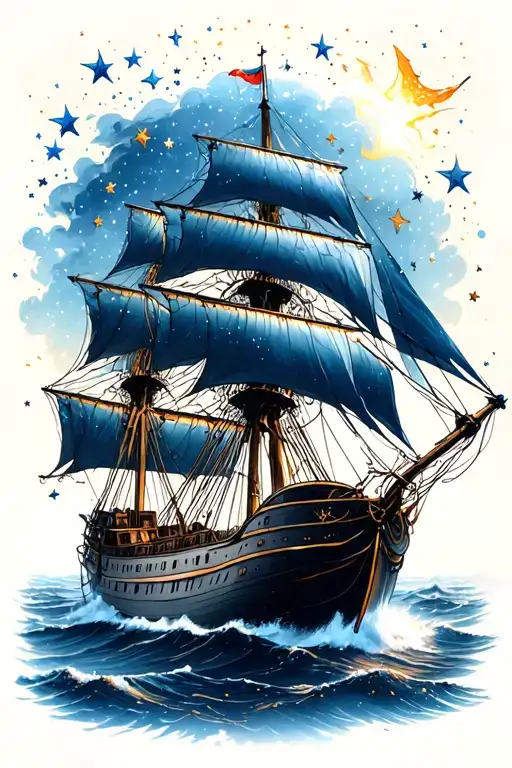 Clipper Ship Sailing Through The Sea Under The Stars
